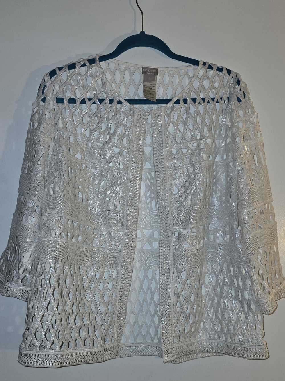 Chico's White Open-Knit Crochet Cardigan Sweater